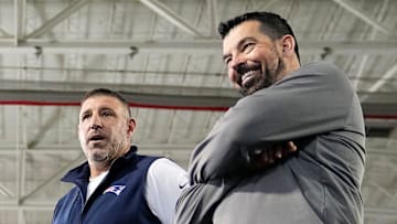 Ohio State Buckeyes head coach Ryan Day talks to New Englandf Patriots head coach Mike Vrabel during the pro day for NFL scouts at the Woody Hayes Athletic Cente on March 26, 2025.