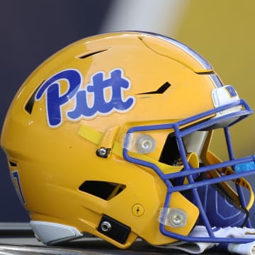 Sep 25, 2021; Pittsburgh, Pennsylvania, USA;  A Pittsburgh Panthers helmet sits on the sidelines against the New Hampshire Wildcats during the fourth quarter at Heinz Field. Mandatory Credit: Charles LeClaire-USA TODAY Sports
