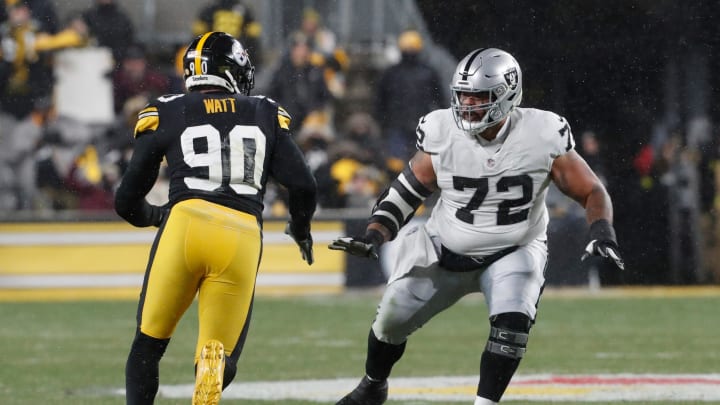 Dec 24, 2022; Pittsburgh, Pennsylvania, USA;  Las Vegas Raiders guard Jermaine Eluemunor (72) prepares to block at the line of scrimmage against Pittsburgh Steelers linebacker T.J. Watt (90) during the first quarter at Acrisure Stadium.  