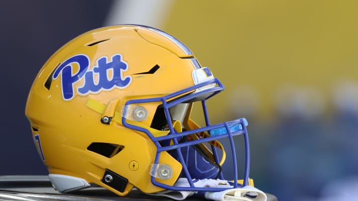 Sep 25, 2021; Pittsburgh, Pennsylvania, USA;  A Pittsburgh Panthers helmet sits on the sidelines against the New Hampshire Wildcats during the fourth quarter at Heinz Field. Mandatory Credit: Charles LeClaire-USA TODAY Sports