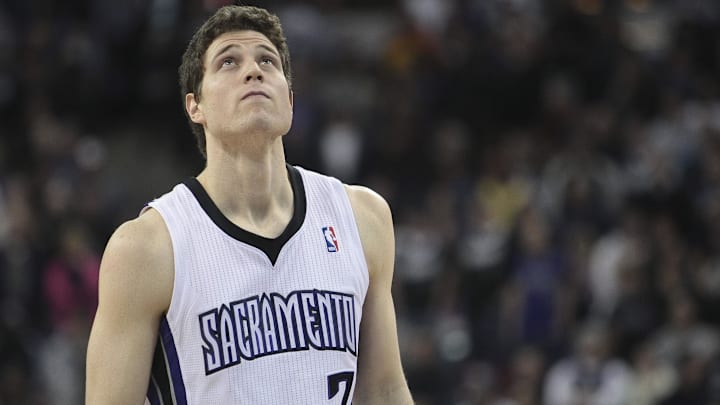 Dec 19, 2012; Sacramento, CA, USA; Sacramento Kings point guard Jimmer Fredette (7) at the free throw line against the Golden State Warriors during the fourth quarter at Sleep Train Arena. The Sacramento Kings defeated the Golden State Warriors 131-127. Mandatory Credit: Kelley L Cox-Imagn Images