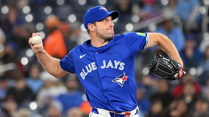 Toronto Blue Jays starting pitcher Scherzer delivers a pitch against the Baltimore Orioles in the first inning at Rogers Centre. 