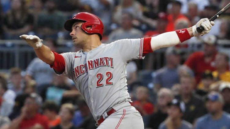 Aug 11, 2023; Pittsburgh, Pennsylvania, USA;  Cincinnati Reds catcher Luke Maile (22) hits a