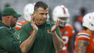 Nov 12, 2022; Atlanta, Georgia, USA; Miami Hurricanes head coach Mario Cristobal on the field before a game against the Georgia Tech Yellow Jackets at Bobby Dodd Stadium. Mandatory Credit: Brett Davis-USA TODAY Sports