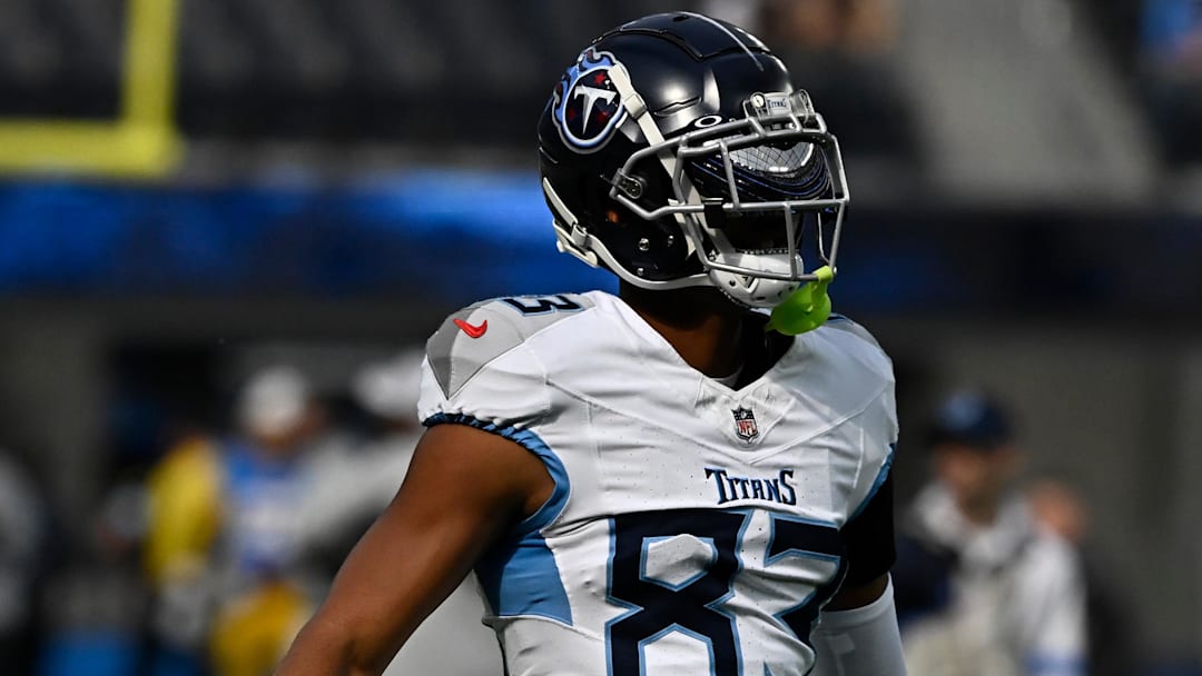 Nov 10, 2024; Inglewood, California, USA; Tennessee Titans wide receiver Tyler Boyd (83) during an NFL game against the Los Angeles Chargers  at SoFi Stadium. Mandatory Credit: Robert Hanashiro-Imagn Images