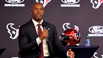 Feb 2, 2023; Houston, TX, USA; Houston Texans head coach Demeco Ryans speaks to the media during his introductory press conference at NRG Stadium. Mandatory Credit: Erik Williams-Imagn Images