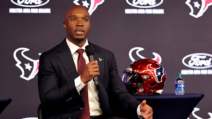 Feb 2, 2023; Houston, TX, USA; Houston Texans head coach Demeco Ryans speaks to the media during his introductory press conference at NRG Stadium. Mandatory Credit: Erik Williams-Imagn Images