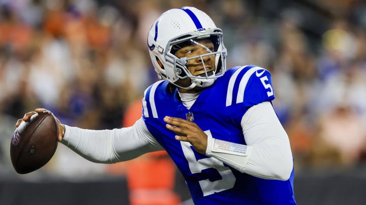 Aug 22, 2024; Cincinnati, Ohio, USA; Indianapolis Colts quarterback Anthony Richardson (5) throws a pass against the Cincinnati Bengals in the first half at Paycor Stadium. Mandatory Credit: Katie Stratman-USA TODAY Sports