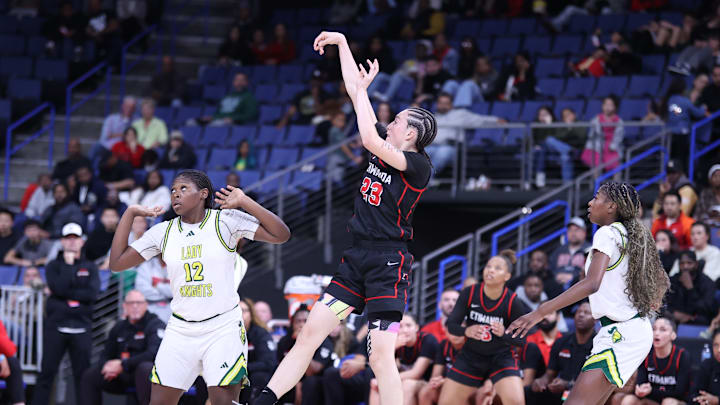 Etiwanda's Grace Knox attempts a jump shot against Ontario Christian at the CIF Southern Section Open Division final at the Toyota Arena on March 1, 2025.