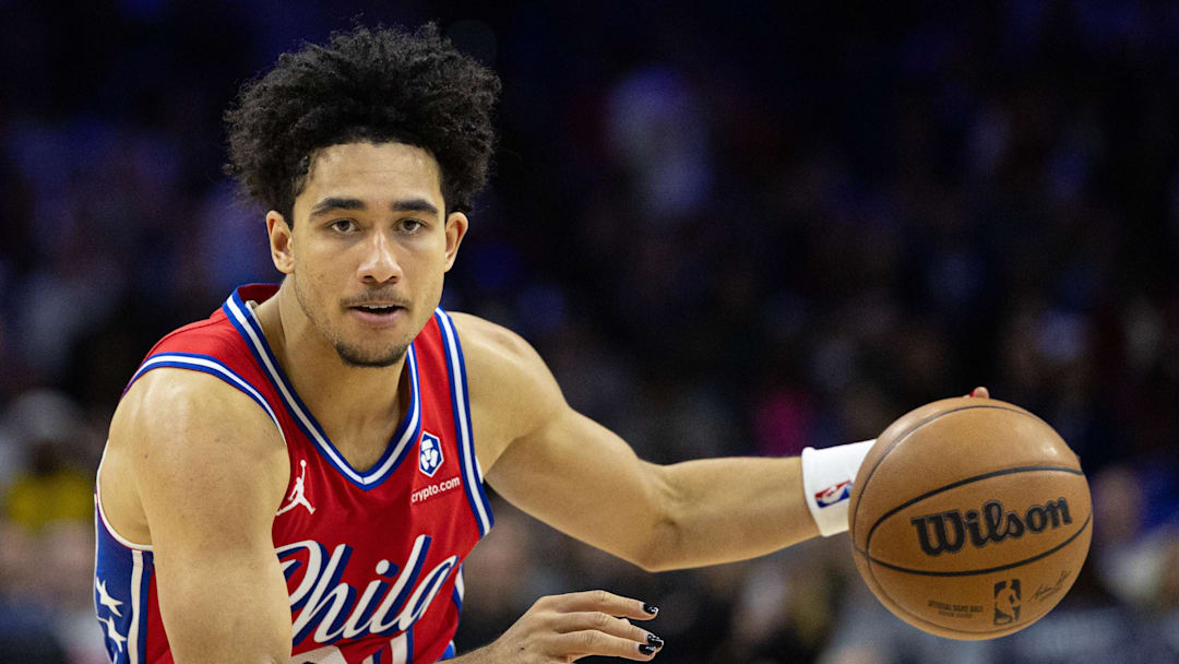 Dec 13, 2024; Philadelphia, Pennsylvania, USA; Philadelphia 76ers guard Jared McCain (20) in action against the Indiana Pacers at Wells Fargo Center. Mandatory Credit: Bill Streicher-Imagn Images