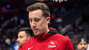 Mar 19, 2023; Detroit, Michigan, USA; Miami Heat forward Duncan Robinson (55) leaves the court after a win against the Detroit Pistons at Little Caesars Arena. Mandatory Credit: Allison Farrand-Imagn Images