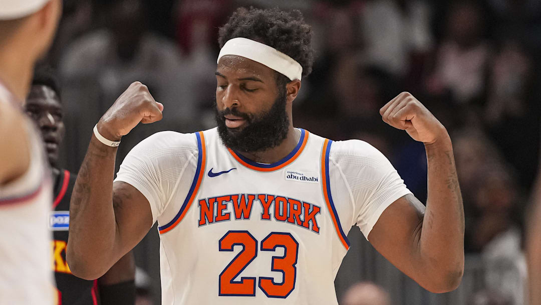 Apr 6, 2026; Atlanta, Georgia, USA; New York Knicks center Mitchell Robinson (23) reacts after scoring on a put back shot against the Atlanta Hawks during the second half at State Farm Arena. Mandatory Credit: Dale Zanine-Imagn Images