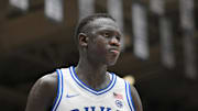 Feb 15, 2025; Durham, North Carolina, USA;  Duke Blue Devils center Khaman Maluach (9) reacting after dunking against the Stanford Cardinal during the second half at Cameron Indoor Stadium. Blue Devils won 106-70. Mandatory Credit: Zachary Taft-Imagn Images