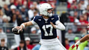 Nov 8, 2025; University Park, Pennsylvania, USA; Penn State Nittany Lions quarterback Ethan Grunkemeyer (17) throws a pass during the third quarter against the Indiana Hoosiers at Beaver Stadium. Mandatory Credit: Matthew O'Haren-Imagn Images