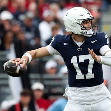 Nov 8, 2025; University Park, Pennsylvania, USA; Penn State Nittany Lions quarterback Ethan Grunkemeyer (17) throws a pass during the third quarter against the Indiana Hoosiers at Beaver Stadium. Mandatory Credit: Matthew O'Haren-Imagn Images