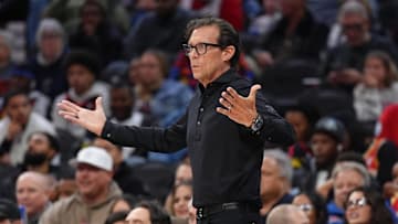 Apr 11, 2025; Philadelphia, Pennsylvania, USA; Atlanta Hawks head coach Quin Snyder reacts against the Philadelphia 76ers in the third quarter at Wells Fargo Center. Mandatory Credit: Kyle Ross-Imagn Images