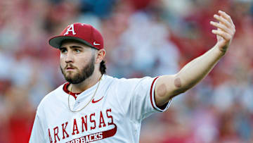 Arkansas Razorback junior left handed pitcher gestures to the crowd after striking out the side in game one of the weekend series against the No. 1 ranked Texas Longhorns at Baum Walker Stadium. 