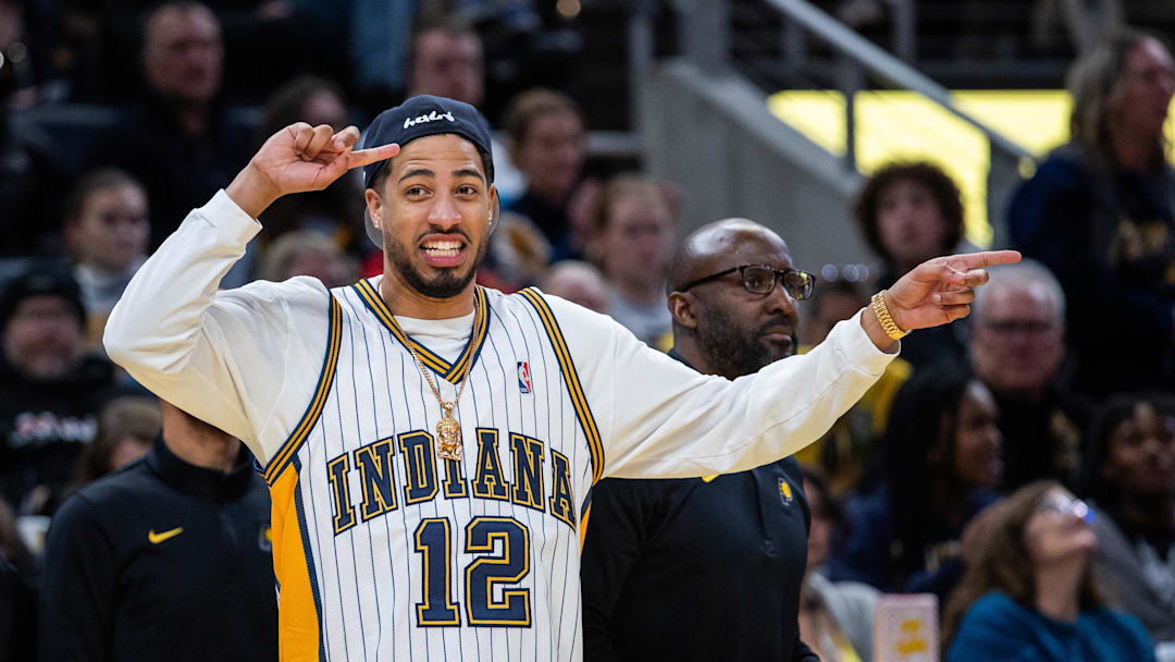 Dec 8, 2025; Indianapolis, Indiana, USA; Indiana Pacers guard Tyrese Haliburton (0)  in the second half against the Sacramento Kings at Gainbridge Fieldhouse. Mandatory Credit: Trevor Ruszkowski-Imagn Images