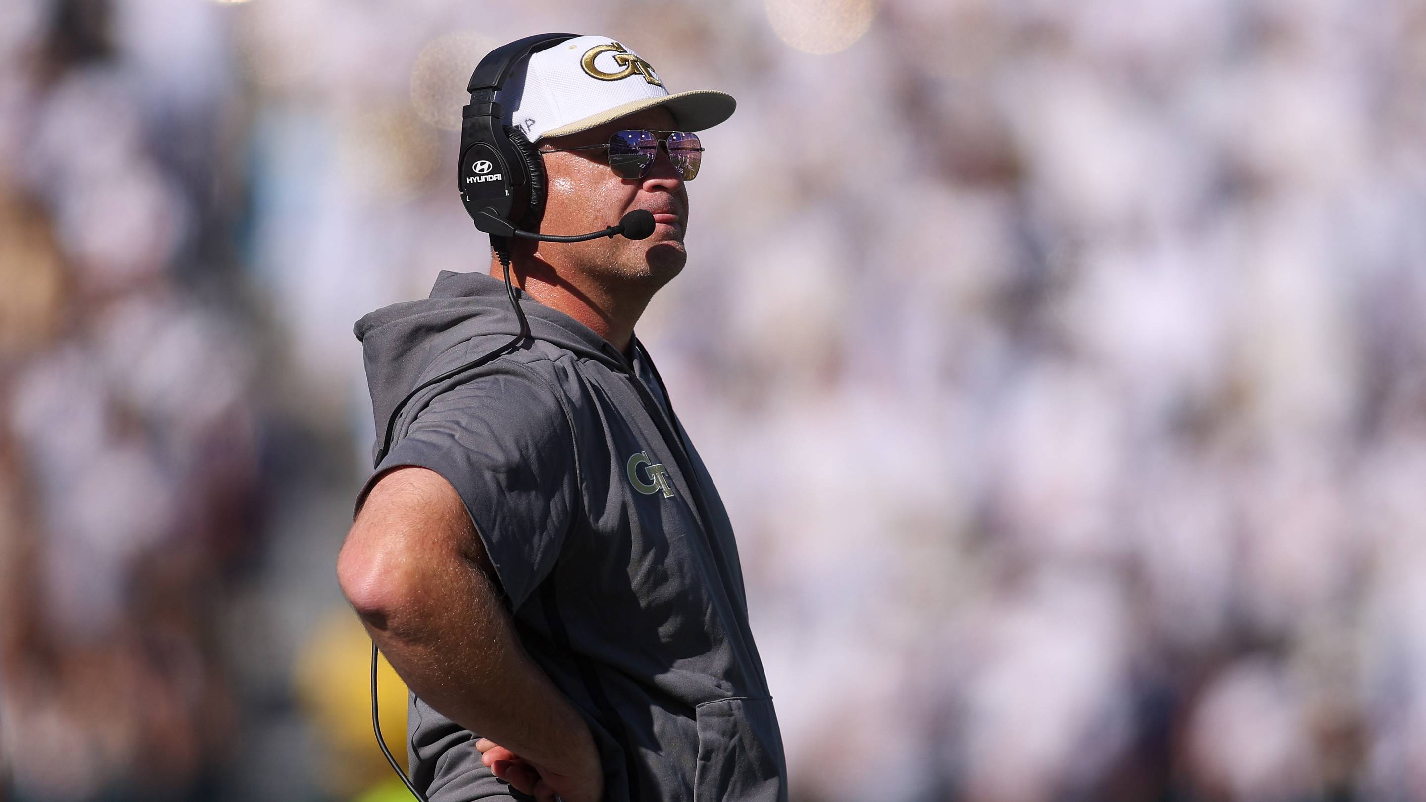 Oct 11, 2025; Atlanta, Georgia, USA; Georgia Tech Yellow Jackets head coach Brent Key on the sideline against the Virginia Tech Hokies in the first quarter at Bobby Dodd Stadium at Hyundai Field. Mandatory Credit: Brett Davis-Imagn Images