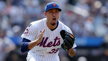 Jun 12, 2025; New York City, New York, USA; New York Mets relief pitcher Edwin Diaz (39) reacts after getting the final out of the game against the Washington Nationals at Citi Field. Mandatory Credit: Brad Penner-Imagn Images