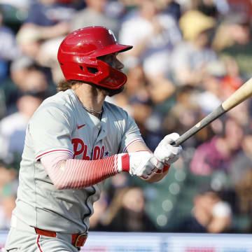 Philadelphia Phillies first baseman Bryce Harper (3) hits an RBI double in the first inning against the Detroit Tigers at Comerica Park. 