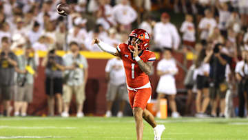 Sep 27, 2025; Ames, Iowa, USA; Arizona Wildcats quarterback Noah Fifita (1) looks to throw against the Iowa State Cyclones during the second half at Jack Trice Stadium. Mandatory Credit: Reese Strickland-Imagn Images
