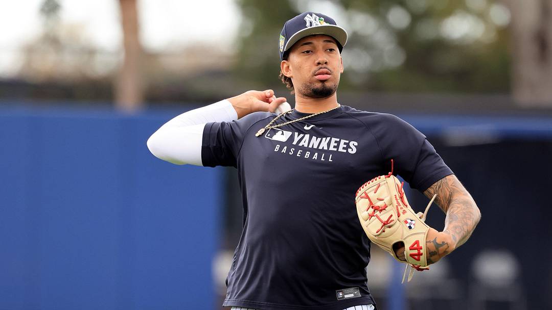 New York Yankees pitcher Yovanny Cruz (96) works out during spring training workouts at George M. Steinbrenner Field.