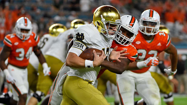 Notre Dame quarterback Ian Book in 2017 game at Miam