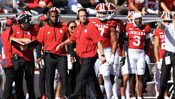 Head coach Curt Cignetti of the Indiana Hoosiers walks the sidelines against the Nebraska Cornhuskers at Memorial Stadium on October 19, 2024 in Bloomington, Indiana.