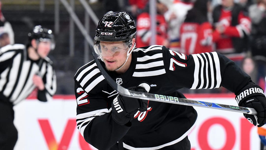Feb 5, 2026; Newark, New Jersey, USA; New Jersey Devils center Nick Bjugstad (72) chases the puck against the New York Islanders during the second period at Prudential Center. Mandatory Credit: John Jones-Imagn Images