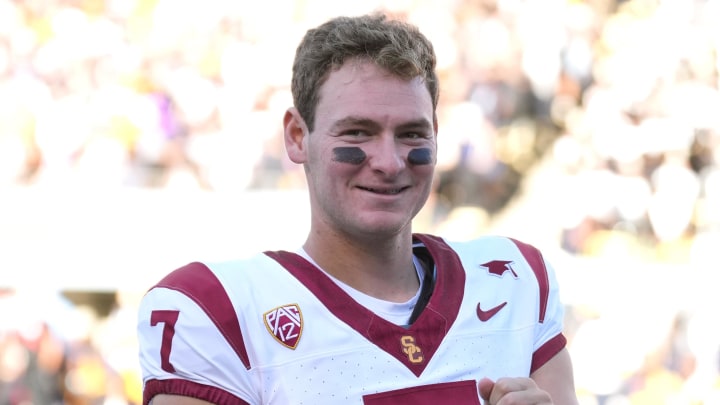 Oct 28, 2023; Berkeley, California, USA; USC Trojans quarterback Miller Moss (7) during the fourth quarter against the California Golden Bears at California Memorial Stadium. 