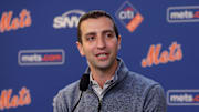 Jul 30, 2024; New York City, New York, USA; New York Mets president of baseball operations David Stearns speaks to the media about the MLB trade deadline before a game against the Minnesota Twins at Citi Field. Mandatory Credit: Brad Penner-Imagn Images