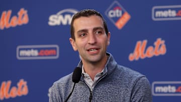 Jul 30, 2024; New York City, New York, USA; New York Mets president of baseball operations David Stearns speaks to the media about the MLB trade deadline before a game against the Minnesota Twins at Citi Field. Mandatory Credit: Brad Penner-Imagn Images