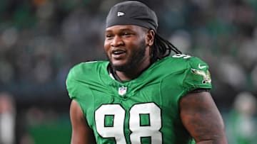 Nov 3, 2024; Philadelphia, Pennsylvania, USA; Philadelphia Eagles defensive tackle Jalen Carter (98) against the Jacksonville Jaguars at Lincoln Financial Field. Mandatory Credit: Eric Hartline-Imagn Images