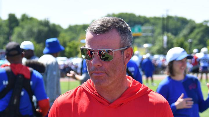 Jul 23, 2025; Rochester, NY, USA; Buffalo Bills general manager Brandon Beane on the field during training camp at St. John Fisher University. Mandatory Credit: Mark Konezny-Imagn Images