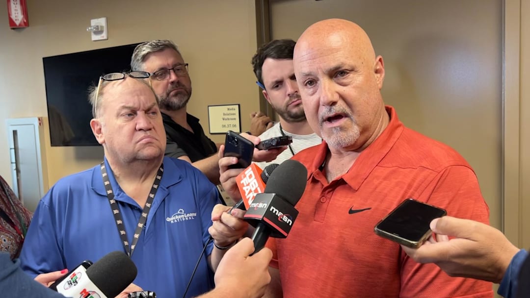 Aug 1, 2023; Washington, District of Columbia, USA; Washington Nationals general manager Mike Rizzo discusses the close of the trade window before the game against the Milwaukee Brewers at Nationals Park. Mandatory Credit: Brad Mills-Imagn Images