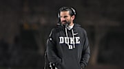 Nov 29, 2025; Durham, North Carolina, USA;  Duke Blue Devils head coach Manny Diaz looks on against the Wake Forest Demon Deacons during the fourth quarter at Wallace Wade Stadium. Mandatory Credit: Zachary Taft-Imagn Images