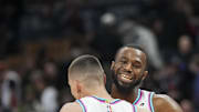Feb 21, 2025; Toronto, Ontario, CAN; Miami Heat guard Tyler Herro (14) and Miami Heat forward Andrew Wiggins (22) celebrate defeating the Toronto Raptors at Scotiabank Arena. Mandatory Credit: Kevin Sousa-Imagn Images