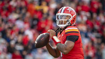 Nov 1, 2025; College Park, Maryland, USA;  Maryland Terrapins quarterback Malik Washington (7) looks to pass during the first half against the Indiana Hoosiers at SECU Stadium. Mandatory Credit: Tommy Gilligan-Imagn Images