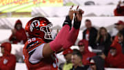 Utah Utes offensive lineman Spencer Fano (55) is a finalist for the Outland Trophy, awarded annually to the nation's best college interior lineman on offense or defense.