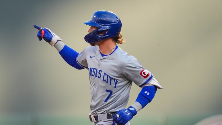 Kansas City Royals shortstop Bobby Witt Jr. (7) celebrates his home run against the Minnesota Twins in the first inning at Target Field on Aug 12.