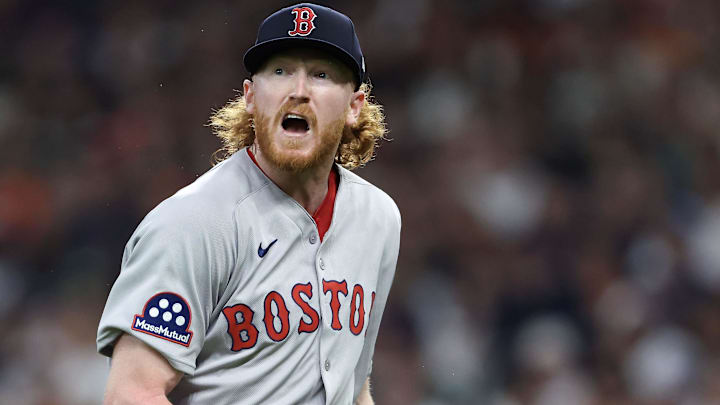 Aug 12, 2025; Houston, Texas, USA; Boston Red Sox starting pitcher Dustin May (85) reacts after an out to end the second inning against the Houston Astros at Daikin Park. Mandatory Credit: Troy Taormina-Imagn Images