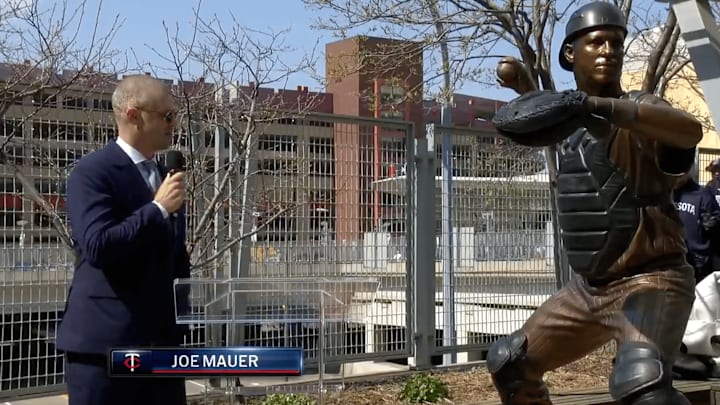 Former Twins great Mauer reacts to his new statue outside of Target Field Former Twins great Mauer reacts to his new statue outside of Target Field