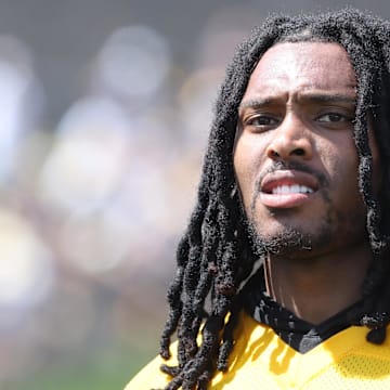 Jul 24, 2025; Latrobe, PA, USA;  Pittsburgh Steelers cornerback Jalen Ramsey (5) participates in drills during training camp at Saint Vincent College. Mandatory Credit: Charles LeClaire-Imagn Images