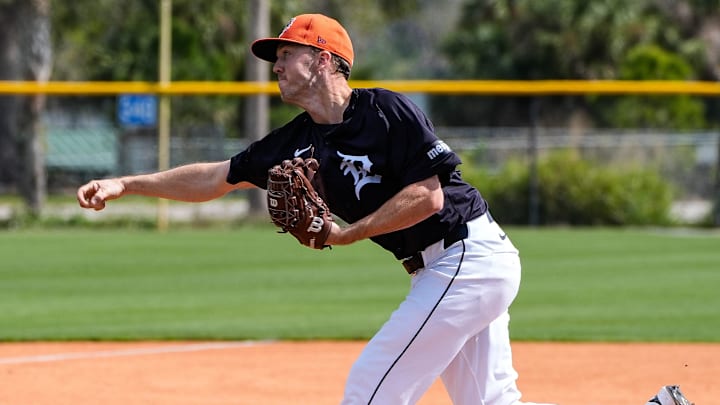 Detroit Tigers pitcher Chase Lee throws during live batting practice at spring training at TigerTown in Lakeland, Fla. on Tuesday, Feb. 18, 2025.