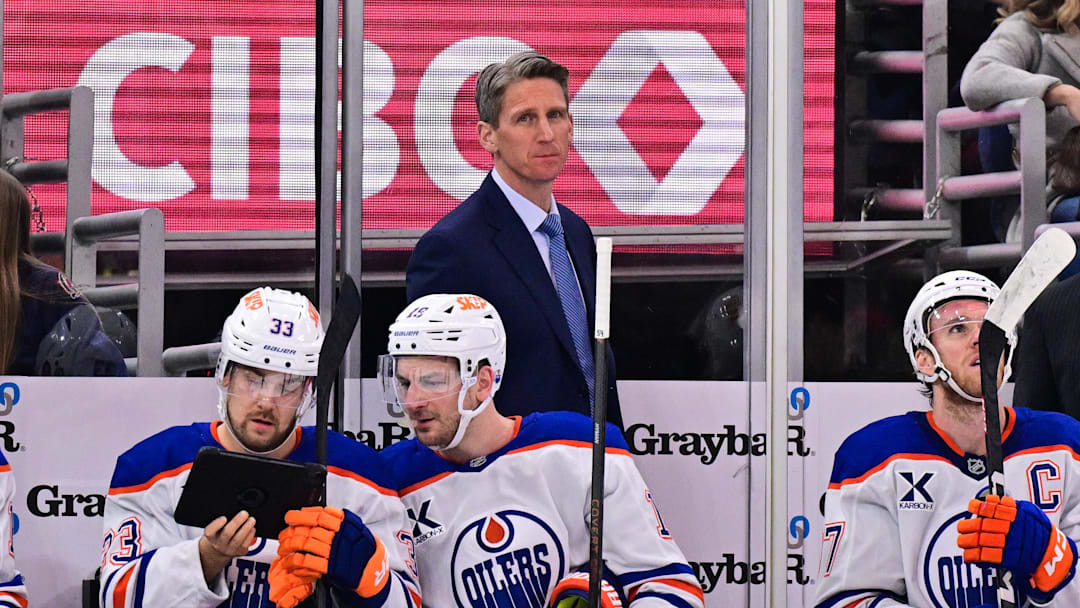 Feb 5, 2025; Chicago, Illinois, USA; Edmonton Oilers head coach Kris Knoblauch looks on against the Chicago Blackhawks during the first period at the United Center. Mandatory Credit: Daniel Bartel-Imagn Images