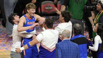 Apr 7, 2025; San Antonio, TX, USA; Florida Gators forward Thomas Haugh (10) reacts after defeating the Houston Cougars in the national championship game of the Final Four of the 2025 NCAA Tournament at the Alamodome.Mandatory Credit: Scott Wachter-Imagn Images