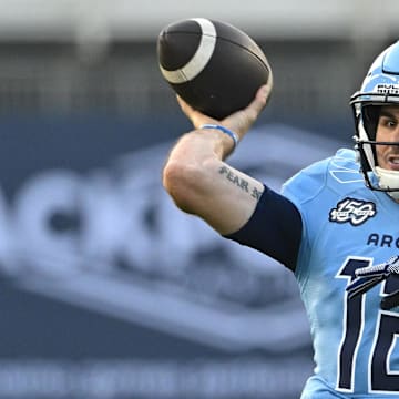 Jun 18, 2023; Toronto, Ontario, CAN;  Toronto Argonauts quarterback Chad Kelly (12) throws a pass against the Hamilton Tiger-Cats in the second quarter at BMO Field. Mandatory Credit: Dan Hamilton-Imagn Images