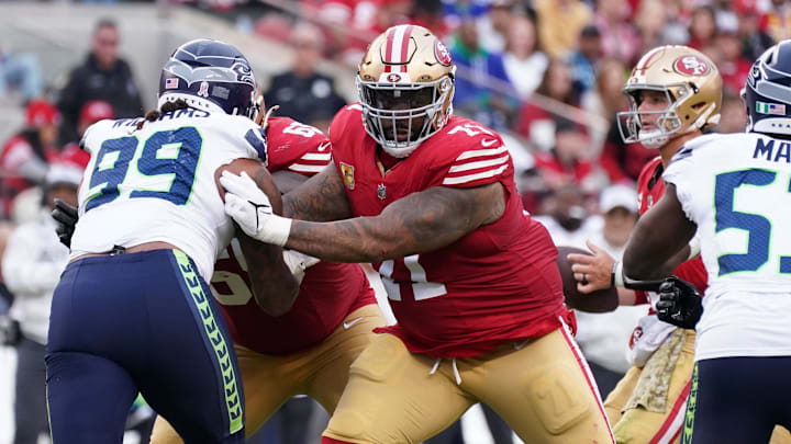 Nov 17, 2024; Santa Clara, California, USA; San Francisco 49ers offensive tackle Trent Williams (71) blocks Seattle Seahawks defensive end Leonard Williams (99) in the third quarter at Levi's Stadium. Mandatory Credit: David Gonzales-Imagn Images