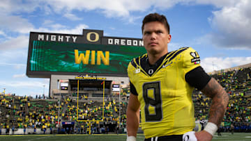 Oregon quarterback Dillon Gabriel leaves the field after the win over Illinois at Autzen Stadium in Eugene Saturday, Oct 26, 2024.